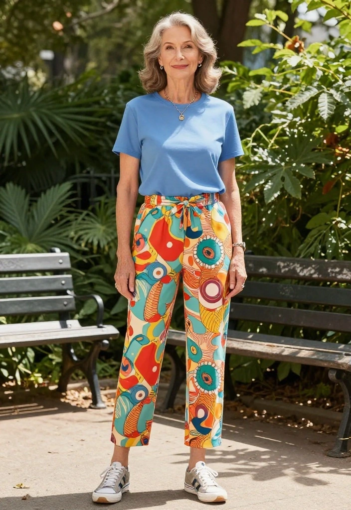 14 Grandma Core Outfit Ideas for Women That Look Vintage Not Dated - 9. Retro Print Pants with Simple Tee 1