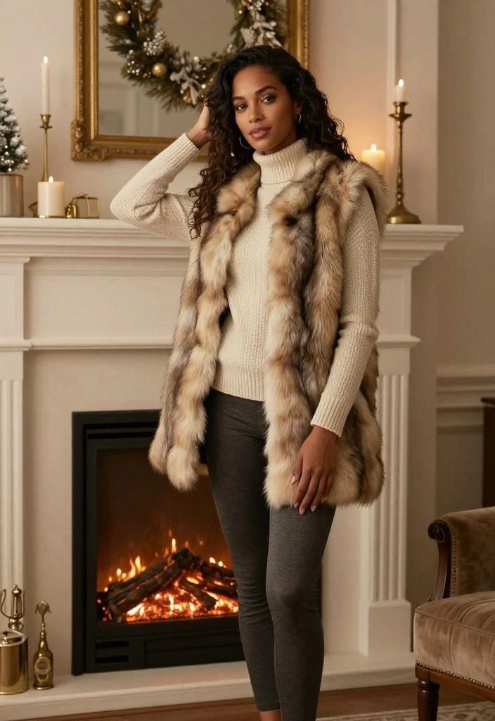 14 Women Outfit With Sweater Ideas That Layer Without Adding Bulk - 13. Faux Fur Vest Over a Sweater 1