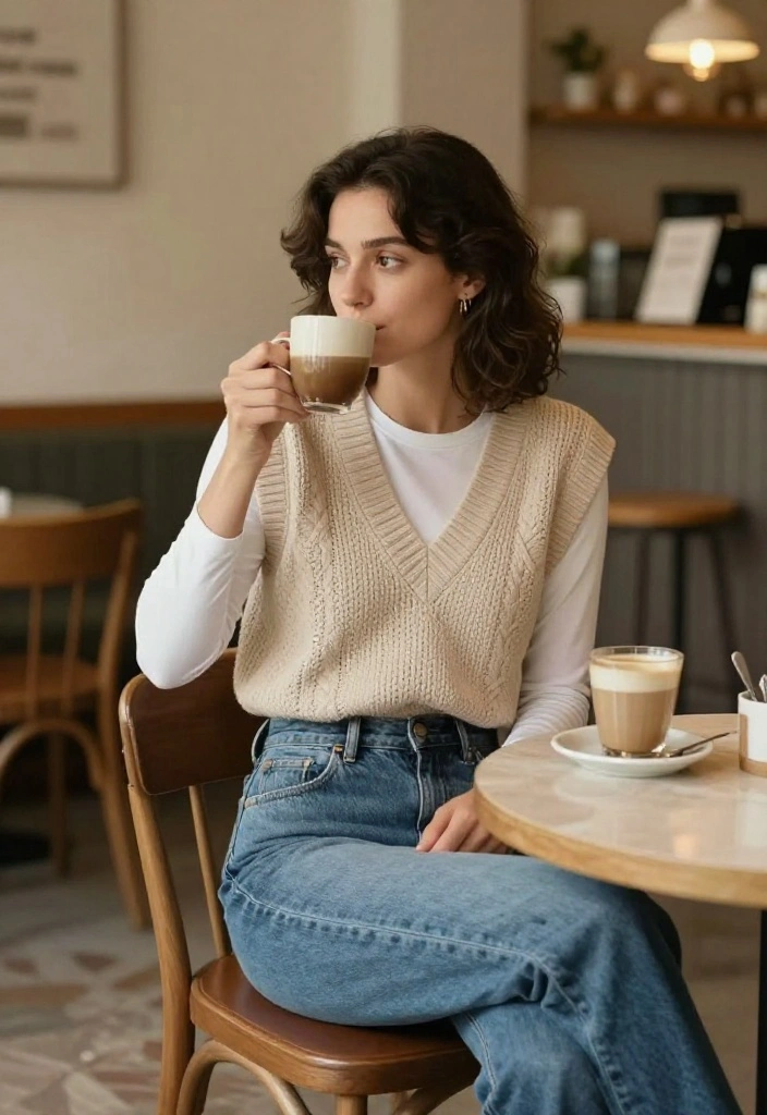 14 Women Outfit With Sweater Ideas That Layer Without Adding Bulk - 8. Knit Sweater Vest Over a Tee 1