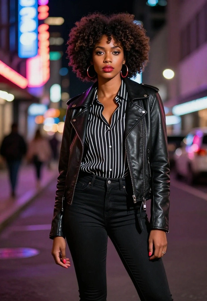 15 Black Striped Shirt Outfit Ideas for Women Beyond Basic - 10. Edgy Look with a Leather Jacket 1