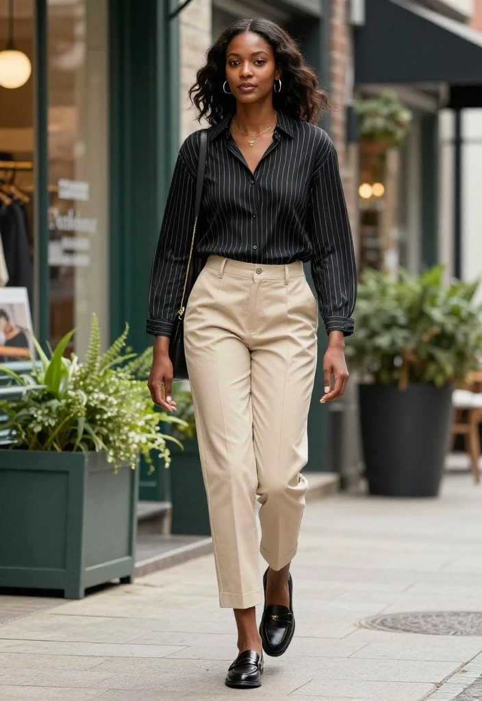 15 Black Striped Shirt Outfit Ideas for Women Beyond Basic - 13. Casual Luxe with Chinos 1
