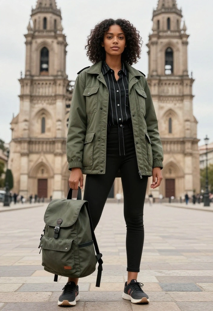 15 Black Striped Shirt Outfit Ideas for Women Beyond Basic - 14. Travel-Ready with a Utility Jacket 1