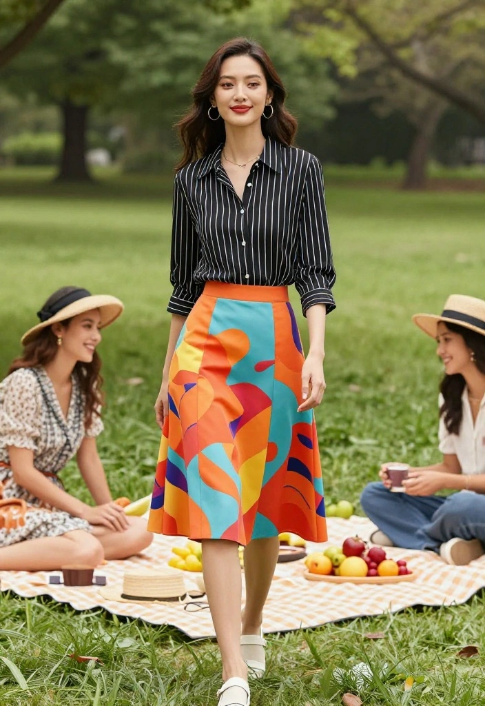 15 Black Striped Shirt Outfit Ideas for Women Beyond Basic - 15. Elegant Twist with a Skater Skirt 1
