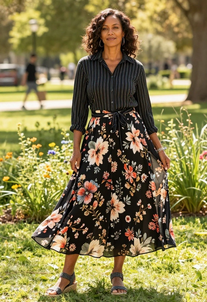 15 Black Striped Shirt Outfit Ideas for Women Beyond Basic - 2. Bohemian Vibes with a Maxi Skirt 1