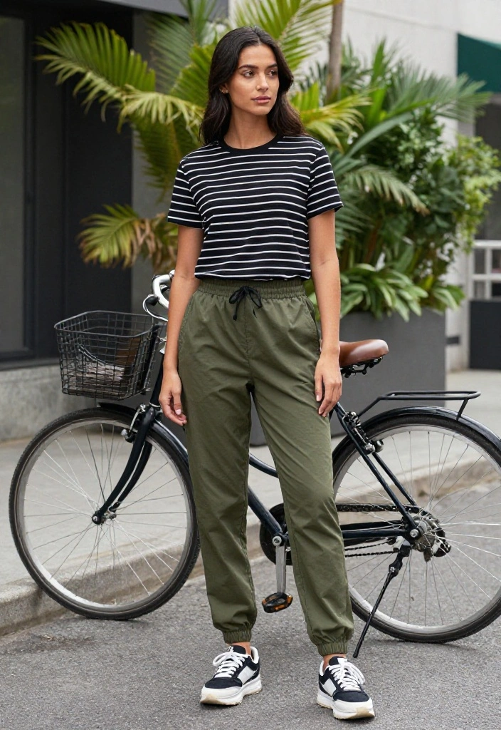 15 Black Striped Shirt Outfit Ideas for Women Beyond Basic - 3. Sporty Elegance with Joggers 1