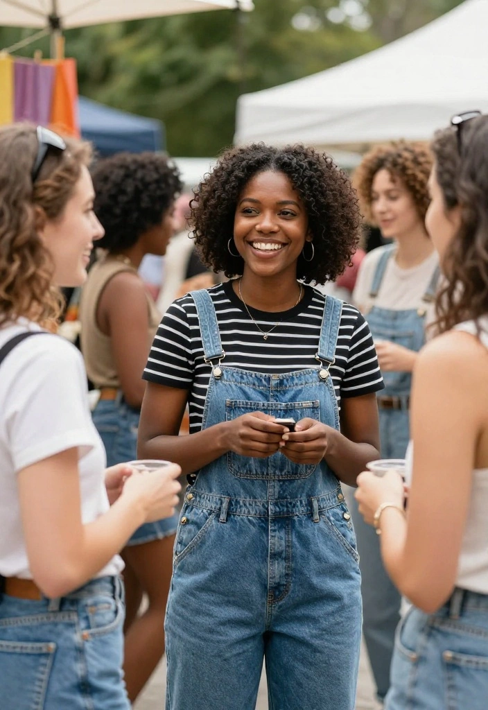 15 Black Striped Shirt Outfit Ideas for Women Beyond Basic - 8. Casual Day Out with a Denim Overalls 1