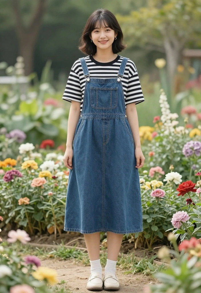 15 Black Striped Shirt Outfit Ideas for Women Beyond Basic - 9. Vintage Charm with a Pinafore Dress 1