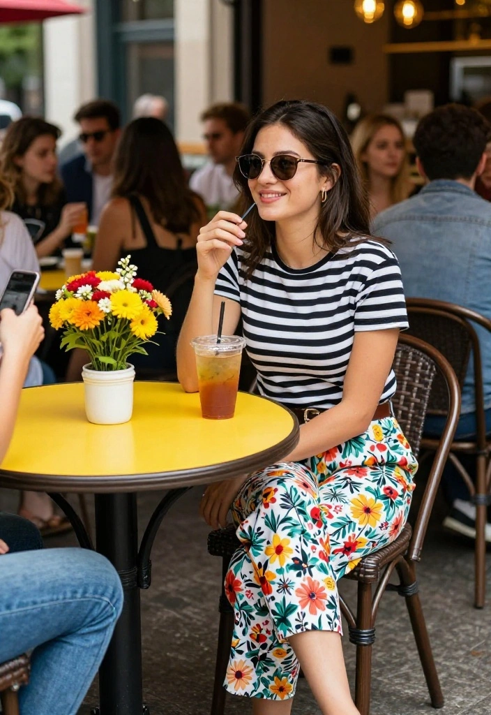15 Black and White Striped Top Ensembles for Women That Don't Add Width - 13. Playful Contrast: Striped Top with Floral Trousers 1