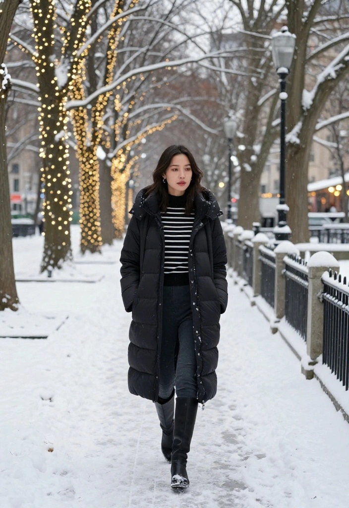 15 Black and White Striped Top Ensembles for Women That Don't Add Width - 15. Winter Warmth: Striped Top with a Puffer Coat 1