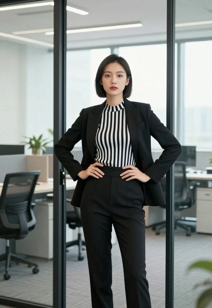 15 Black and White Striped Top Ensembles for Women That Don't Add Width - 2. Layering with a Striped Blazer for a Classy Touch 1