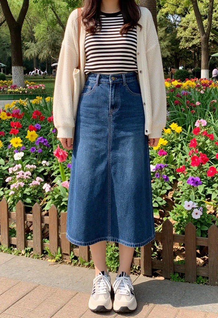 15 Black and White Striped Top Ensembles for Women That Don't Add Width - 3. Weekend Vibes: Striped Top with a Denim Skirt 1