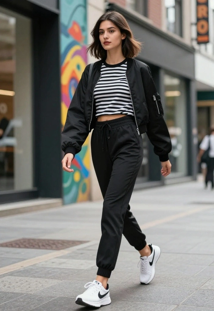 15 Black and White Striped Top Ensembles for Women That Don't Add Width - 4. Sporty Elegance: Striped Top with Joggers 1