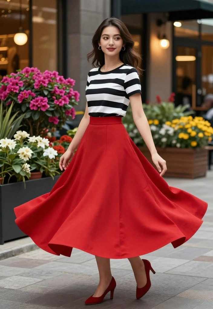 15 Black and White Striped Top Ensembles for Women That Don't Add Width - 5. Dress It Up: Striped Top with a Midi Skirt 1