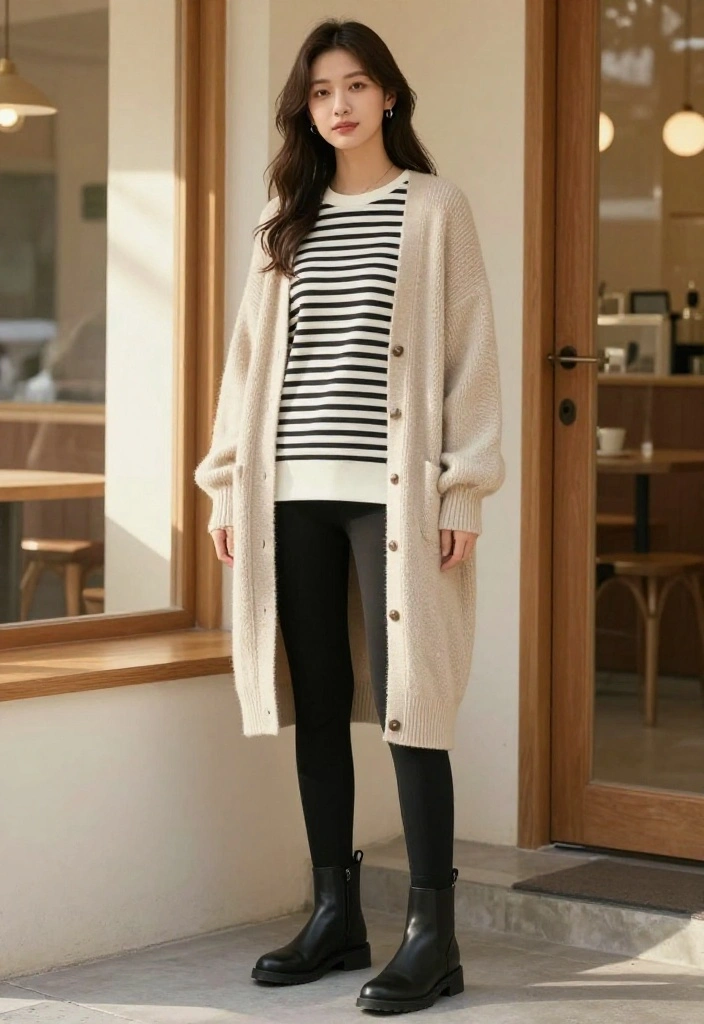 15 Black and White Striped Top Ensembles for Women That Don't Add Width - 6. Casual Layering with a Striped Top and Cardigan 1
