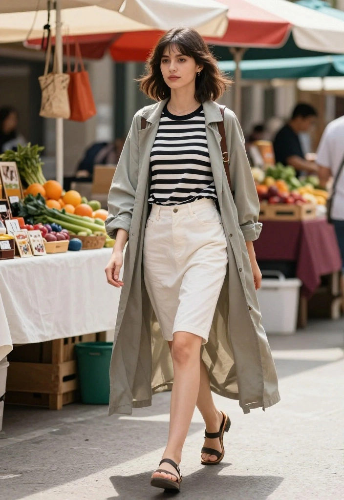 15 Black and White Striped Top Ensembles for Women That Don't Add Width - 8. Playful Layering: Striped Top with a Duster 1