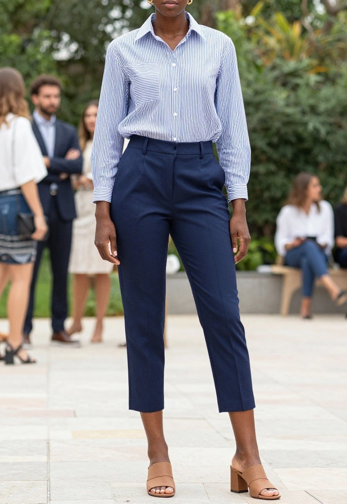15 Blue and White Striped Shirt Outfit Suggestions for Women That Skip the Nautical Cliché - 10. Classic with a Twist 1