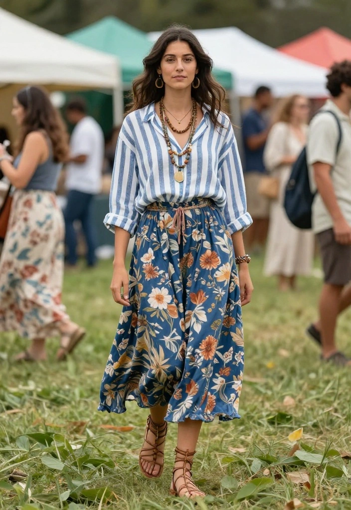 15 Blue and White Striped Shirt Outfit Suggestions for Women That Skip the Nautical Cliché - 4. The Bohemian Touch 1