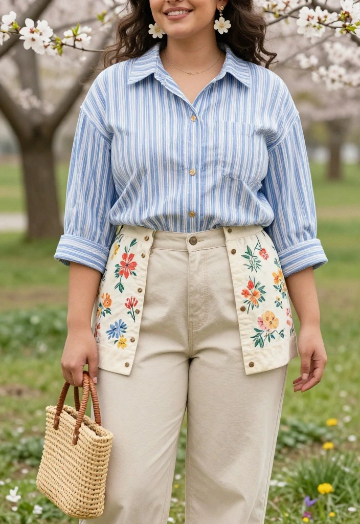 15 Blue and White Striped Shirt Outfit Suggestions for Women That Skip the Nautical Cliché - 7. Fresh Floral Accents 1