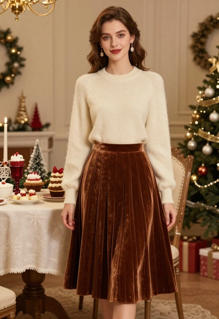 15 Coquette Winter Outfit Ideas That Stay Warm and Stylish - 12. Pleated Velvet Skirt 1