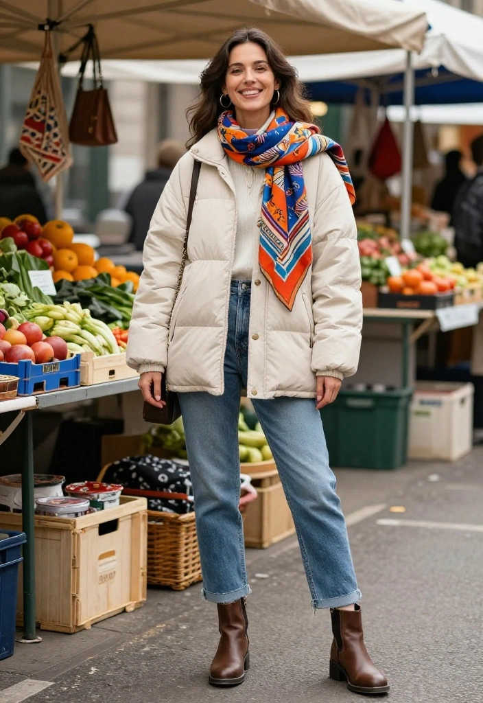 15 Down Jacket Outfit Ideas for Women That Don't Add Bulk - 8. Weekend Vibes with a Printed Scarf 1