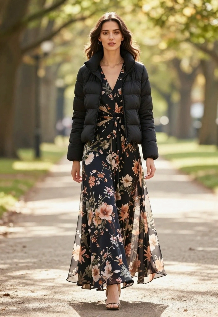 15 Down Jacket Outfit Ideas for Women That Don't Add Bulk - 9. Elegant with a Maxi Dress 1