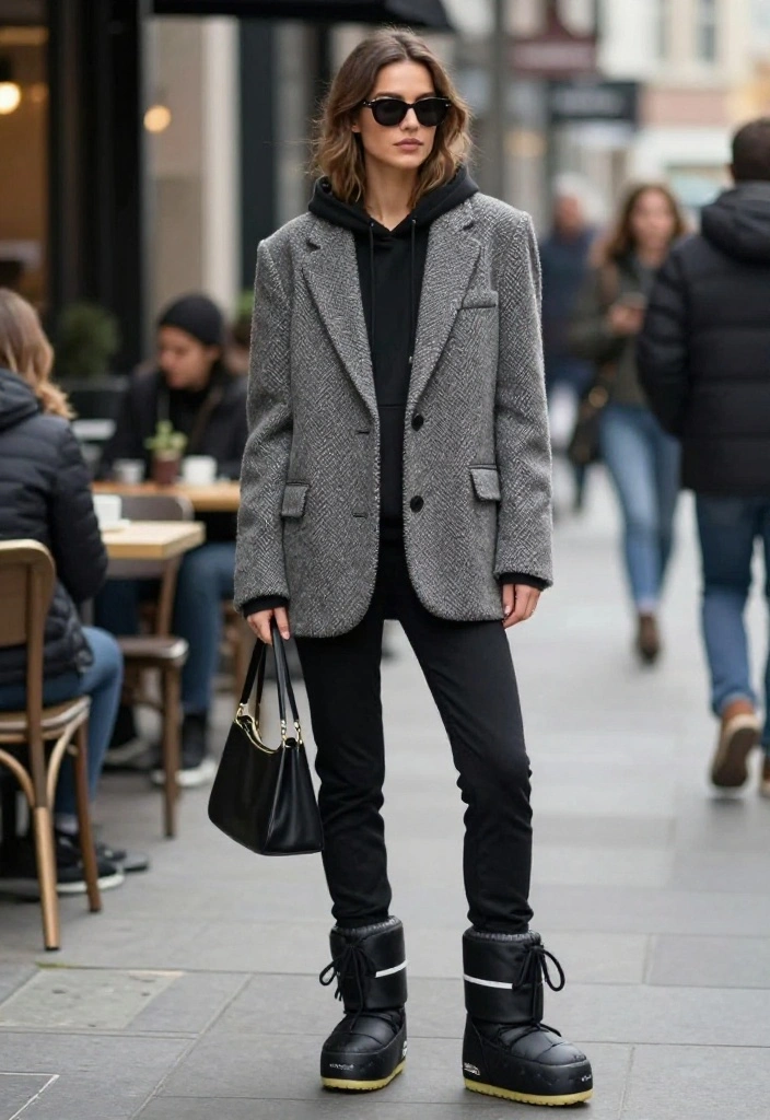 15 Moon Boots Outfit Ideas for Women That Don't Look Ski Lodge - 8. Elevated Athleisure with Tailored Pieces 1