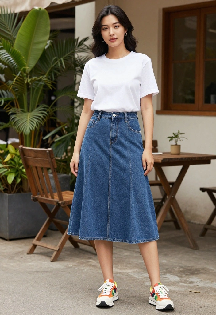 15 Pleated Denim Skirt Outfit Inspirations for Women That Feel Modern - 1. Classic Tee and Sneakers 1