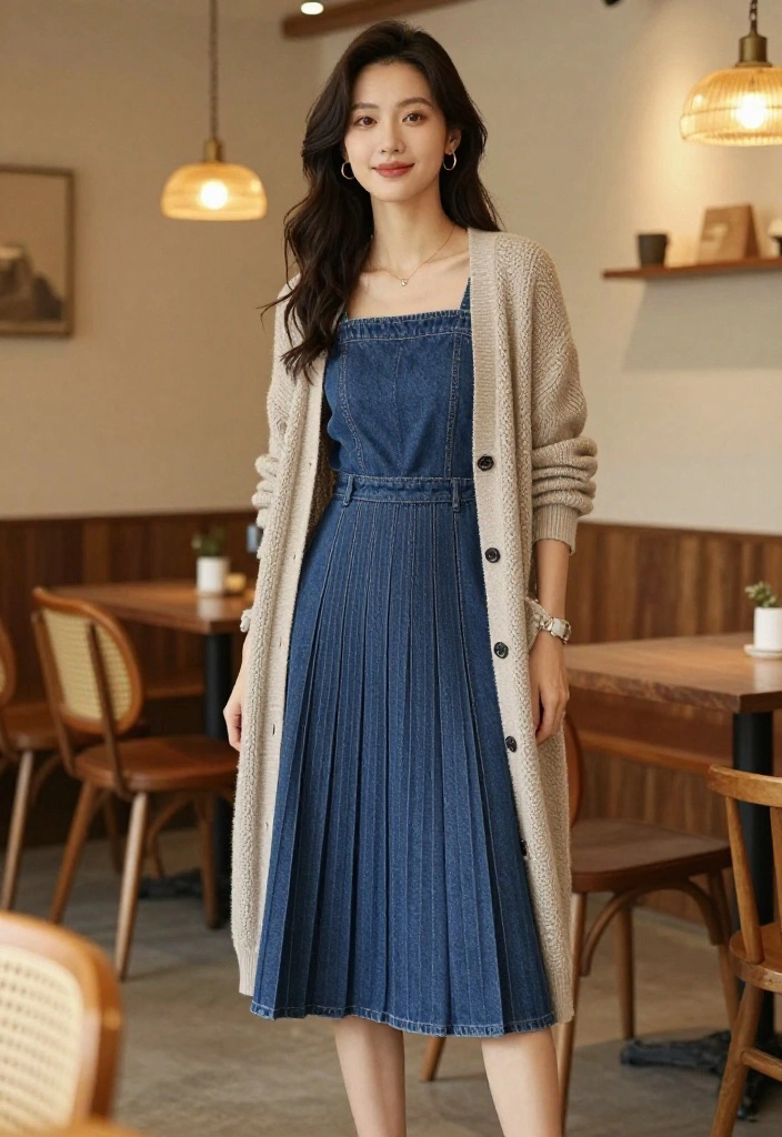 15 Pleated Denim Skirt Outfit Inspirations for Women That Feel Modern - 12. Cozy Cardigan Layer 1