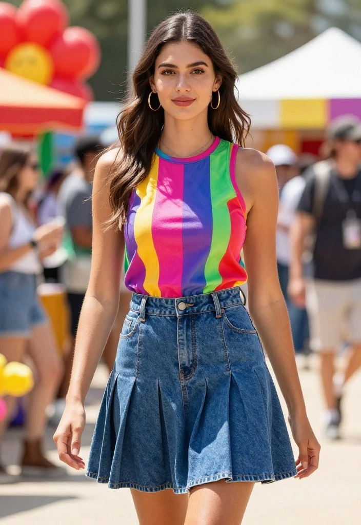 15 Pleated Denim Skirt Outfit Inspirations for Women That Feel Modern - 13. Bright Color Pop 1