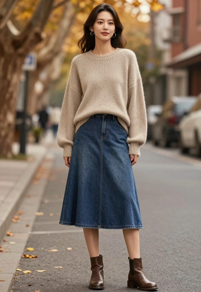 15 Pleated Denim Skirt Outfit Inspirations for Women That Feel Modern - 2. Oversized sweater and ankle boots 1