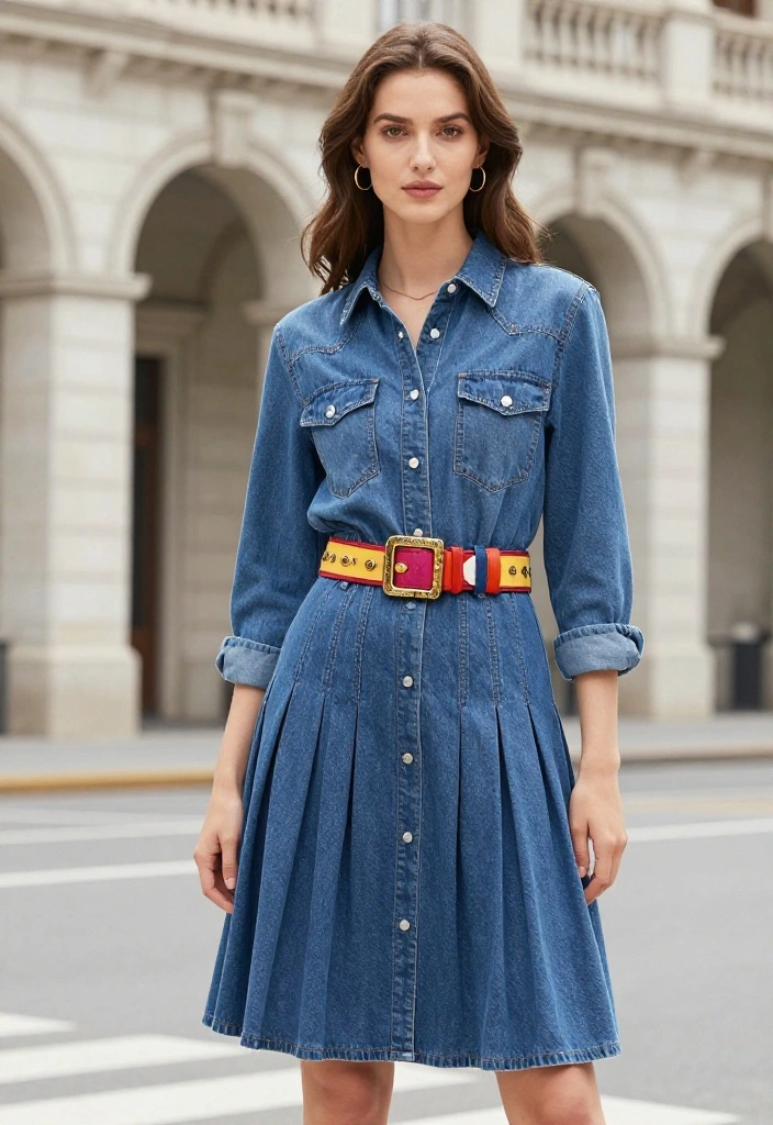 15 Pleated Denim Skirt Outfit Inspirations for Women That Feel Modern - 3. Button-up shirt and statement belt 1