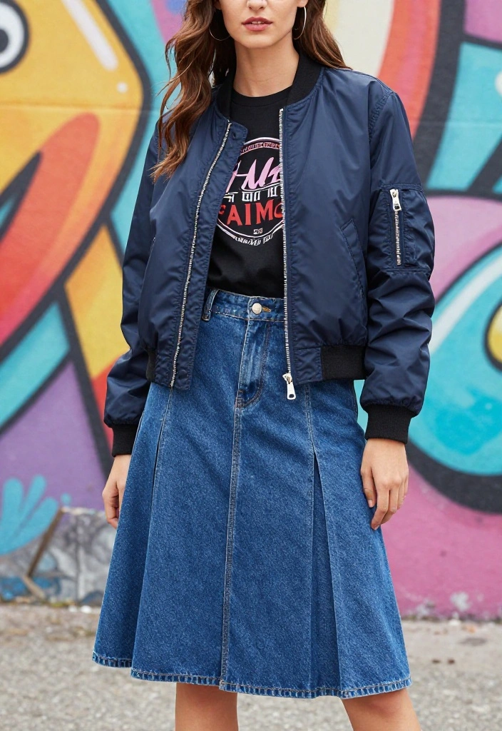 15 Pleated Denim Skirt Outfit Inspirations for Women That Feel Modern - 4. Graphic Tee and Bomber Jacket 1