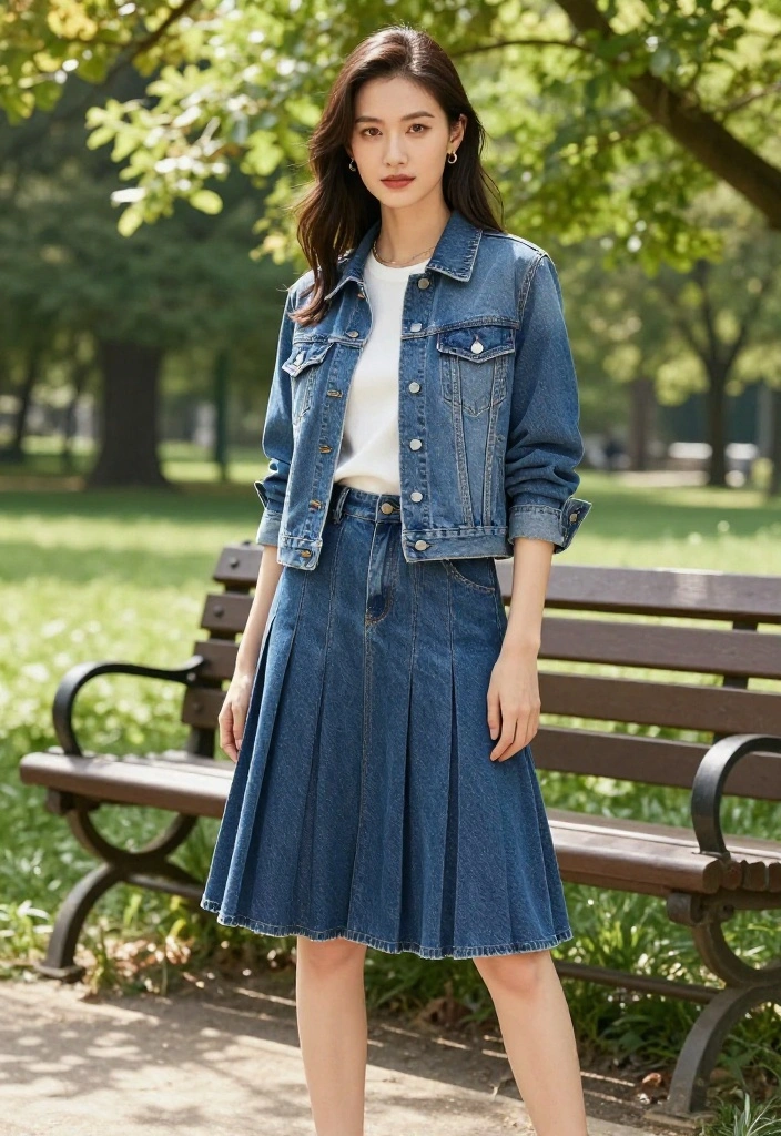 15 Pleated Denim Skirt Outfit Inspirations for Women That Feel Modern - 5. Layered with a Denim Jacket 1