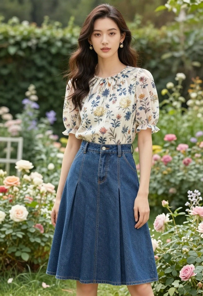 15 Pleated Denim Skirt Outfit Inspirations for Women That Feel Modern - 6. Floral Top for a Soft Look 1
