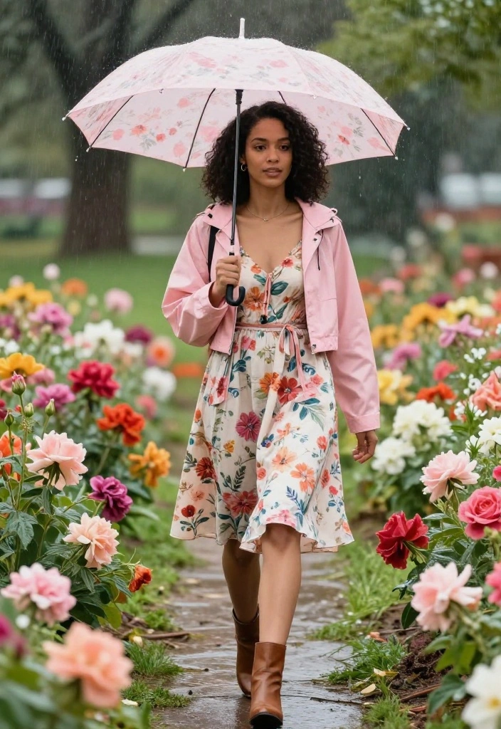 15 Rain Jacket Outfit Ideas for Women That Actually Look Cute - 4. Floral Dress with a Rain Jacket Twist 1