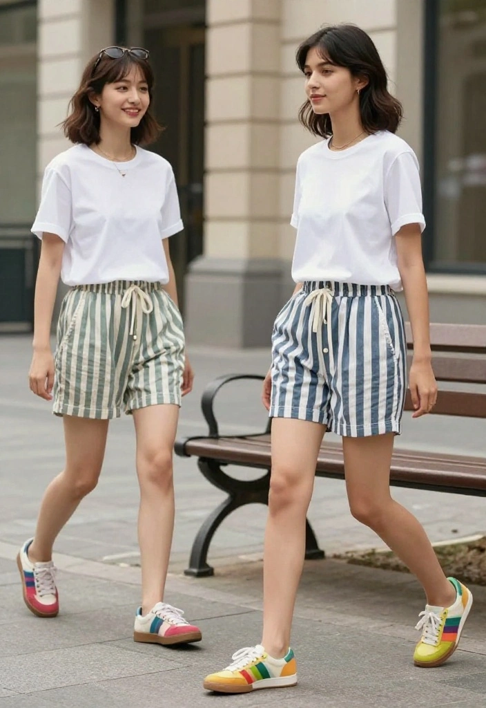 15 Striped Shorts Outfit Ideas for Women That Don't Add Width - 14. Classic White Tee 1