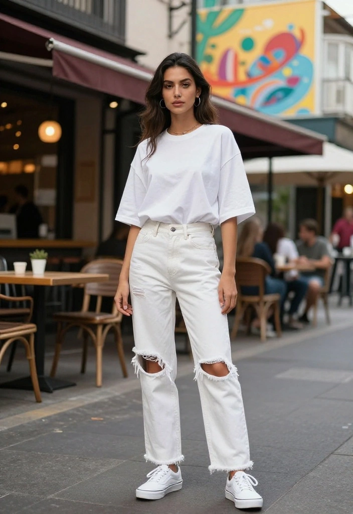 15 White Vans Outfit Ideas for Women That Dress Them Up or Down - 1. Classic Denim & Tee Combo 1